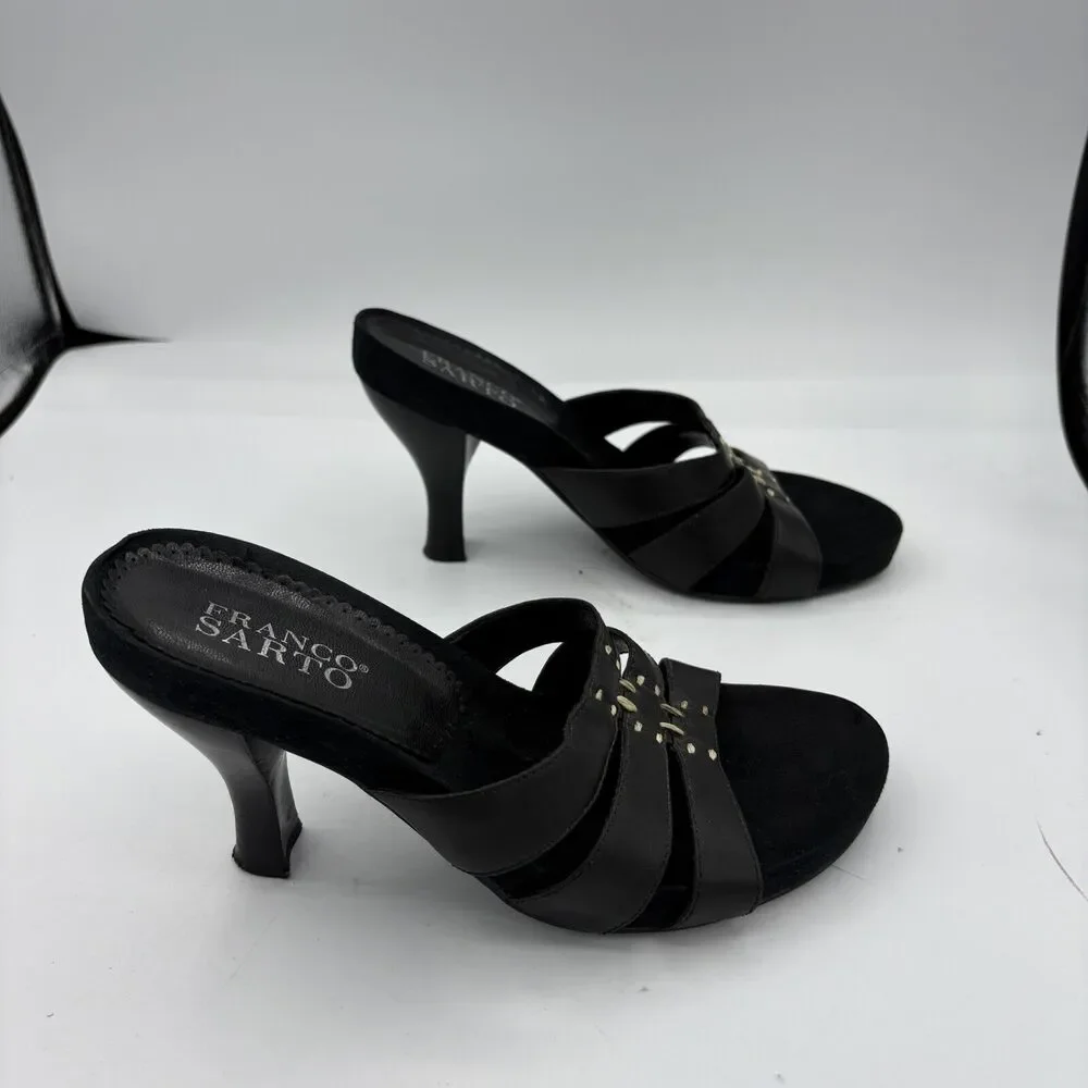 Franco Sarto High‎ Heels Womens 7 Leather Kitten Black Open Toe Mule Straps G2